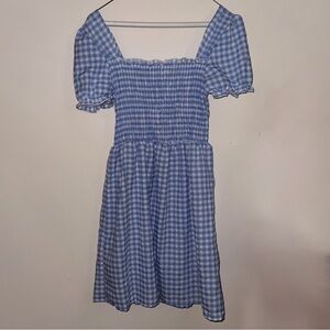 Romwe blue gingham square neck puff sleeve A-line mini dress.